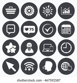Calendar, wifi and clock symbols. Like counter, stars symbols. Internet, seo icons. Tick, online shopping and chart signs. Anonymous user, mobile devices and chat symbols. Talking head, go to web.