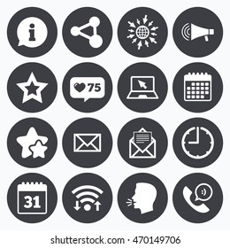Calendar, wifi and clock symbols. Like counter, stars symbols. Communication icons. Contact, mail signs. E-mail, information speech bubble and calendar symbols. Talking head, go to web symbols. Vector