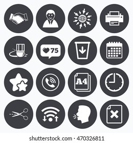 Calendar, wifi and clock symbols. Like counter, stars symbols. Office, documents and business icons. Printer, handshake and phone signs. Boss, recycle bin and eraser symbols. Talking head, go to web.