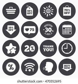 Calendar, wifi and clock symbols. Like counter, stars symbols. Sale discounts icon. Shopping cart, coupon and buy now signs. 20, 30 and 50 percent off. Special offer symbols. Talking head. Vector
