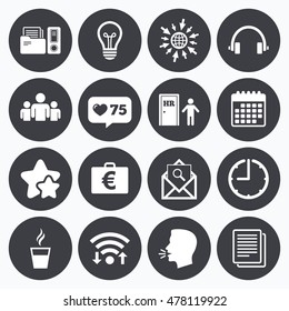 Calendar, wifi and clock symbols. Like counter, stars symbols. Office, documents and business icons. Accounting, human resources and group signs. Mail, ideas and money case symbols. Talking head.