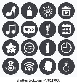 Calendar, wifi and clock symbols. Like counter, stars symbols. Wedding, engagement icons. Ring with diamond, gift box and music signs. Dress, shoes and champagne glass symbols. Talking head. Vector