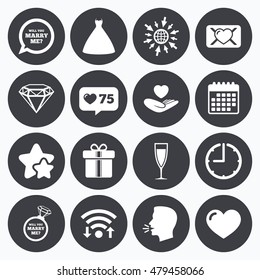 Calendar, wifi and clock symbols. Like counter, stars symbols. Wedding, engagement icons. Love oath letter, gift box and brilliant signs. Dress, heart and champagne glass symbols. Talking head. Vector