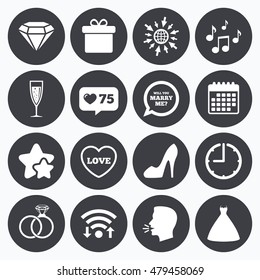 Calendar, wifi and clock symbols. Like counter, stars symbols. Wedding, engagement icons. Rings, gift box and brilliant signs. Dress, shoes and musical notes symbols. Talking head, go to web symbols.