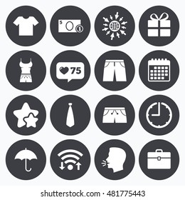 Calendar, wifi and clock symbols. Like counter, stars symbols. Clothing, accessories icons. T-shirt, business case signs. Umbrella and gift box symbols. Talking head, go to web symbols. Vector