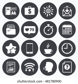 Calendar, wifi and clock symbols. Like counter, stars symbols. Office, documents and business icons. Accounting, human resources and phone signs. Mail, salary and statistics symbols. Talking head.
