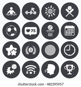 Calendar, wifi and clock symbols. Like counter, stars symbols. Sport games, fitness icons. Football, basketball and baseball signs. Swimming, fireball and winner cup symbols. Talking head, go to web.