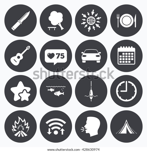 Calendar, wifi and clock symbols. Like counter,\
stars symbols. Hike trip, camping icons. Fishing, campfire and\
tourist tent signs. Guitar music, knife and food symbols. Talking\
head, go to web.\
Vector