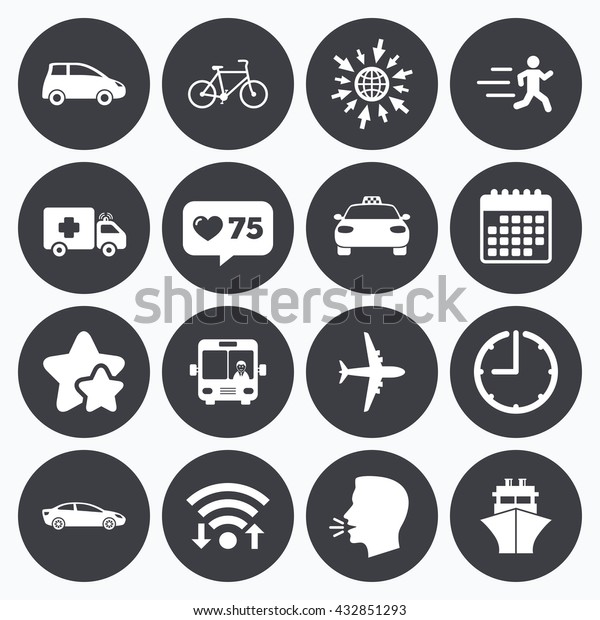 Calendar, wifi and clock symbols. Like counter,\
stars symbols. Transport icons. Car, bike, bus and taxi signs.\
Shipping delivery, ambulance symbols. Talking head, go to web\
symbols. Vector