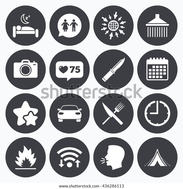 Calendar, wifi and clock symbols. Like counter,\
stars symbols. Hiking trip icons. Camping, shower and wc toilet\
signs. Tourist tent, fork and knife symbols. Talking head, go to\
web symbols. Vector