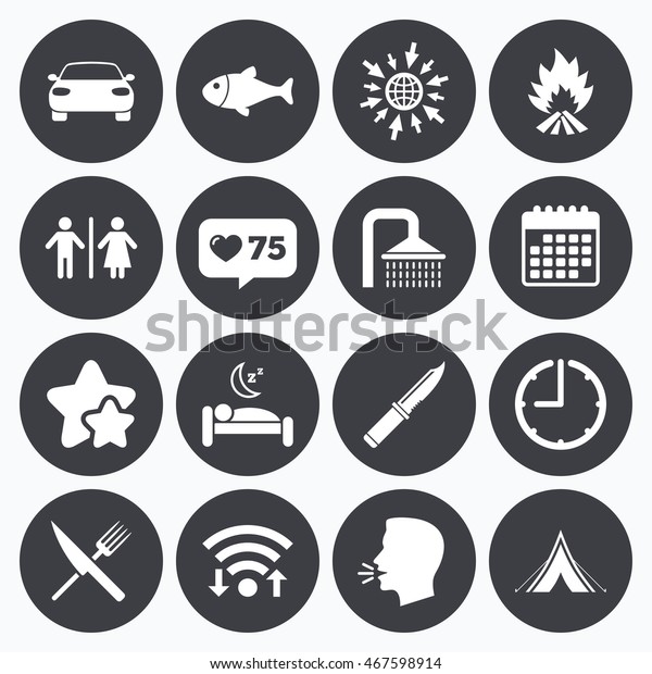Calendar, wifi and clock symbols. Like counter,\
stars symbols. Hiking travel icons. Camping, shower and wc toilet\
signs. Tourist tent, fork and knife symbols. Talking head, go to\
web symbols. Vector