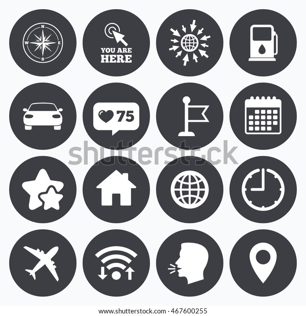 Calendar, wifi and clock symbols. Like counter,\
stars symbols. Navigation, gps icons. Windrose, compass and map\
pointer signs. Car, airplane and flag symbols. Talking head, go to\
web symbols. Vector