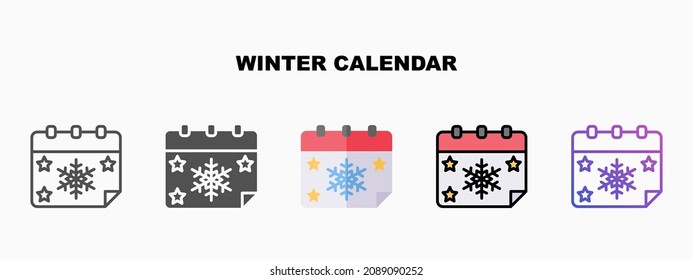 Conjunto de iconos de Invierno del Calendario con estilos diferentes. Iconos diseñados en contorno, plano, glifo, color de línea y gradiente. Se puede usar para web, móvil, ui y más. Disfruta de este icono para tu proyecto.