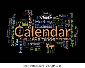 Plantilla de nube de palabras de calendario. Concepto de planificación de diario Vector tagcloud fondo.