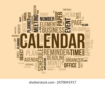 In: Calendar word cloud Vorlage. Tagebuchplanungskonzept Vektorgrafik tagcloud Hintergrund.