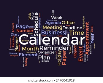 Plantilla de nube de palabras de calendario. Concepto de planificación de diario Vector tagcloud fondo.