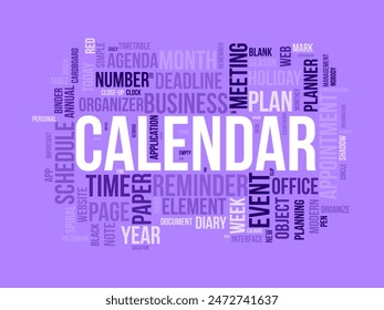 Calendar word cloud template. Diary planning concept vector tagcloud background.