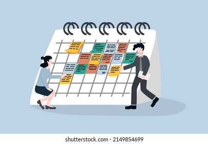 Calendar work deadline date, reminder for working project plan, appointment, or meeting concept. Businessman and businesswoman sticking post-it paper of business plan short notes on big calendar.