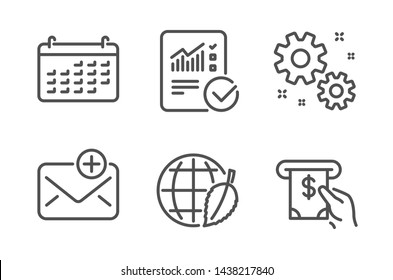 Calendar, Work and Environment day icons simple set. Checked calculation, New mail and Atm service signs. Business audit, Settings. Technology set. Line calendar icon. Editable stroke. Vector