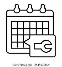 Calendario con el icono de línea delgada de la ventana emergente de la llave, concepto de servicio de reparación. Gráficos de Vector. Fecha de la cita, señal del acontecimiento de la reparación en el fondo blanco, estilo o diseño móvil