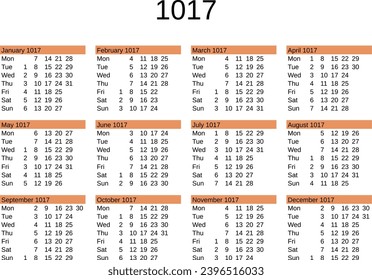 calendar of year 1017 in English language