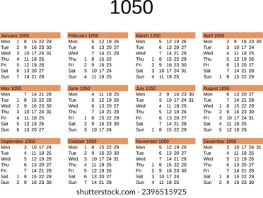 calendar of year 1050 in English language