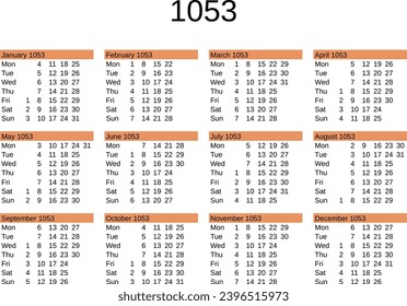 calendar of year 1053 in English language