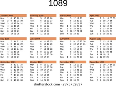 calendar of year 1089 in English language