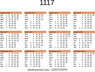 calendar of year 1117 in English language
