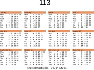 calendar of year 113 in English language