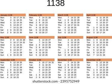 calendar of year 1138 in English language