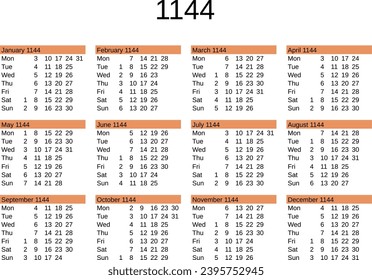 calendar of year 1144 in English language