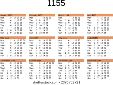 calendar of year 1155 in English language