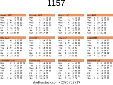 calendar of year 1157 in English language