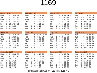 calendar of year 1169 in English language