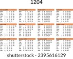 calendar of year 1204 in English language