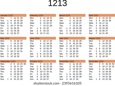 calendar of year 1213 in English language