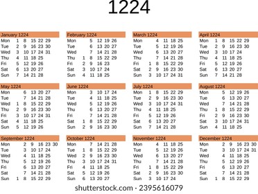 calendar of year 1224 in English language