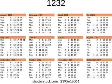 calendar of year 1232 in English language