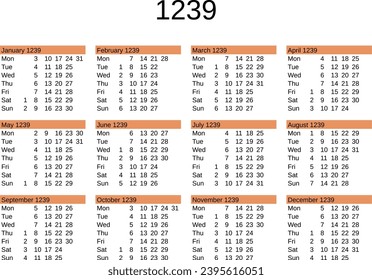 calendar of year 1239 in English language