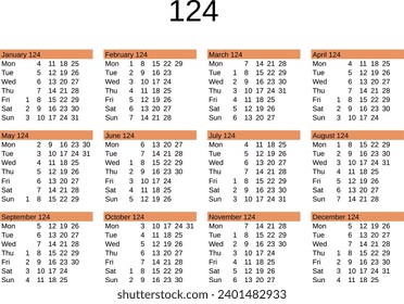 calendar of year 124 in English language