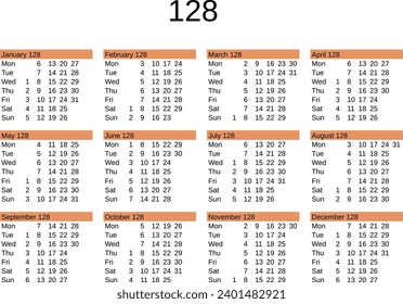 calendar of year 128 in English language