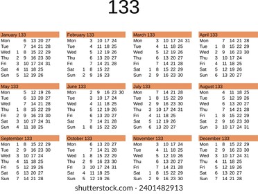 calendar of year 133 in English language