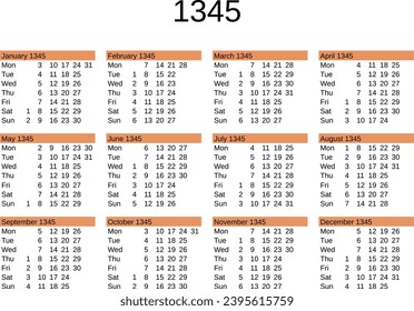 calendar of year 1345 in English language