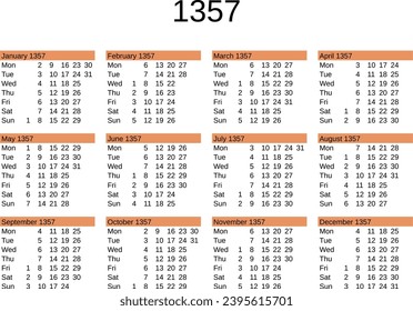 calendar of year 1357 in English language