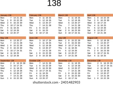 calendar of year 138 in English language