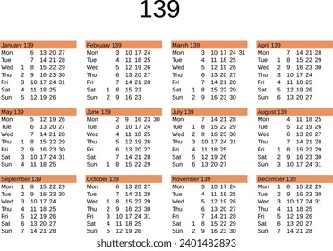 calendar of year 139 in English language