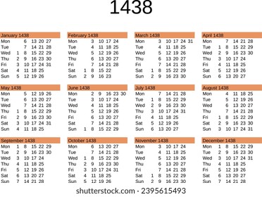 calendar of year 1438 in English language