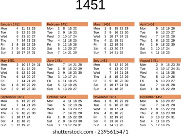 calendar of year 1451 in English language