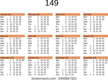 calendar of year 149 in English language